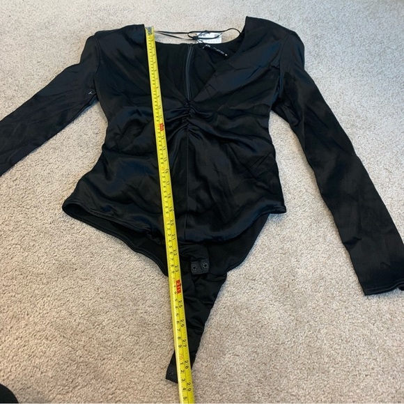 Zara black ruched satin effect long sleeve V-neck bodysuit Sz S NWT - Picture 7 of 9